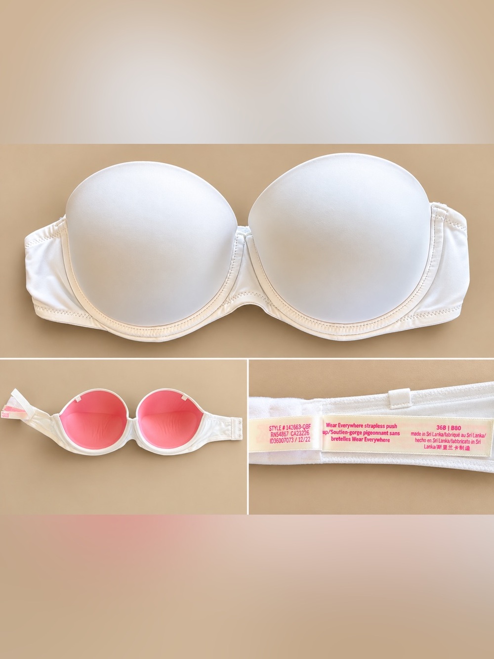 PINK Wear Everywhere Strapless Push-Up Bra 36B White NWOT